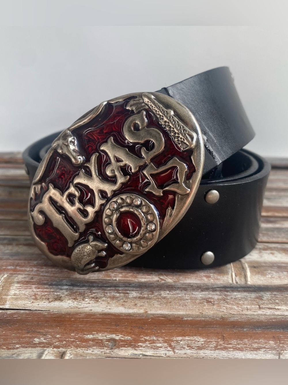Big Texas red metal buckle black leather studded belt western festival cowboy XL